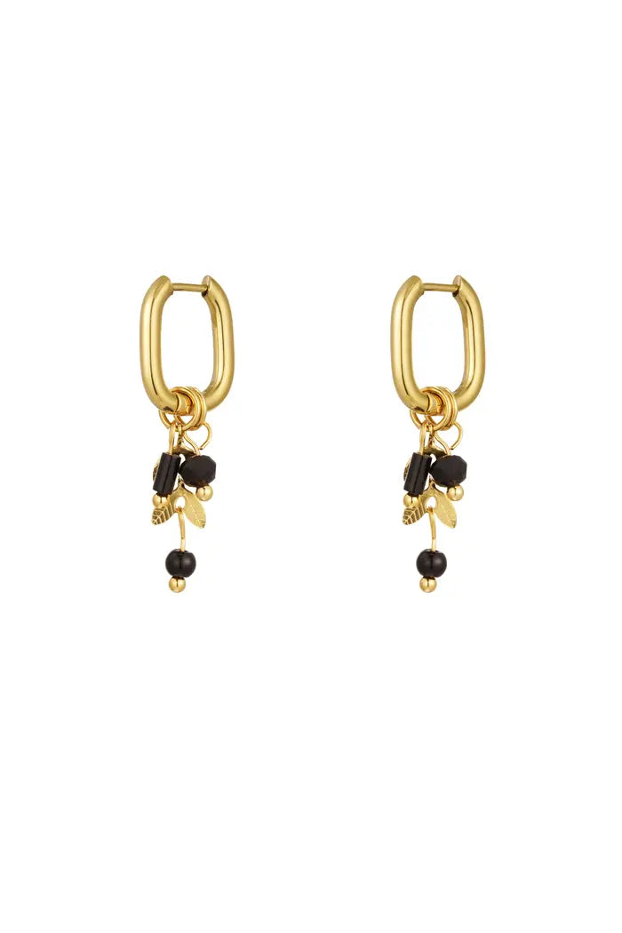 Oorbellen leafs and beads gold-black