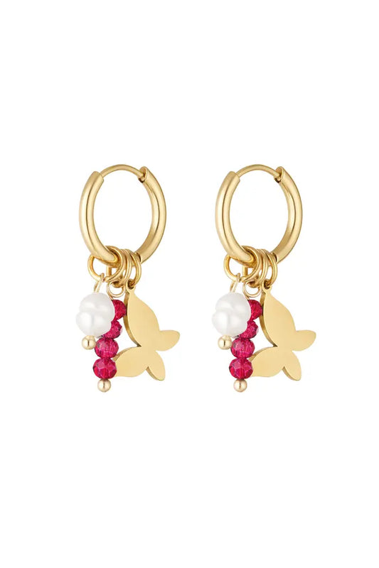 Oorbellen Vlinder met kraaltjes - Fuchsia