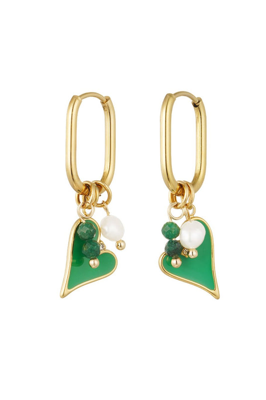 Oorbellen gekleurd met hartje - Goud/groen